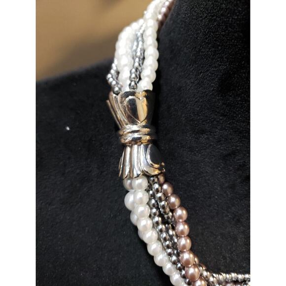 Women's Pearl Beaded Statement Necklace White/Brown Gunmetal Barrel Clasp - Picture 6 of 7